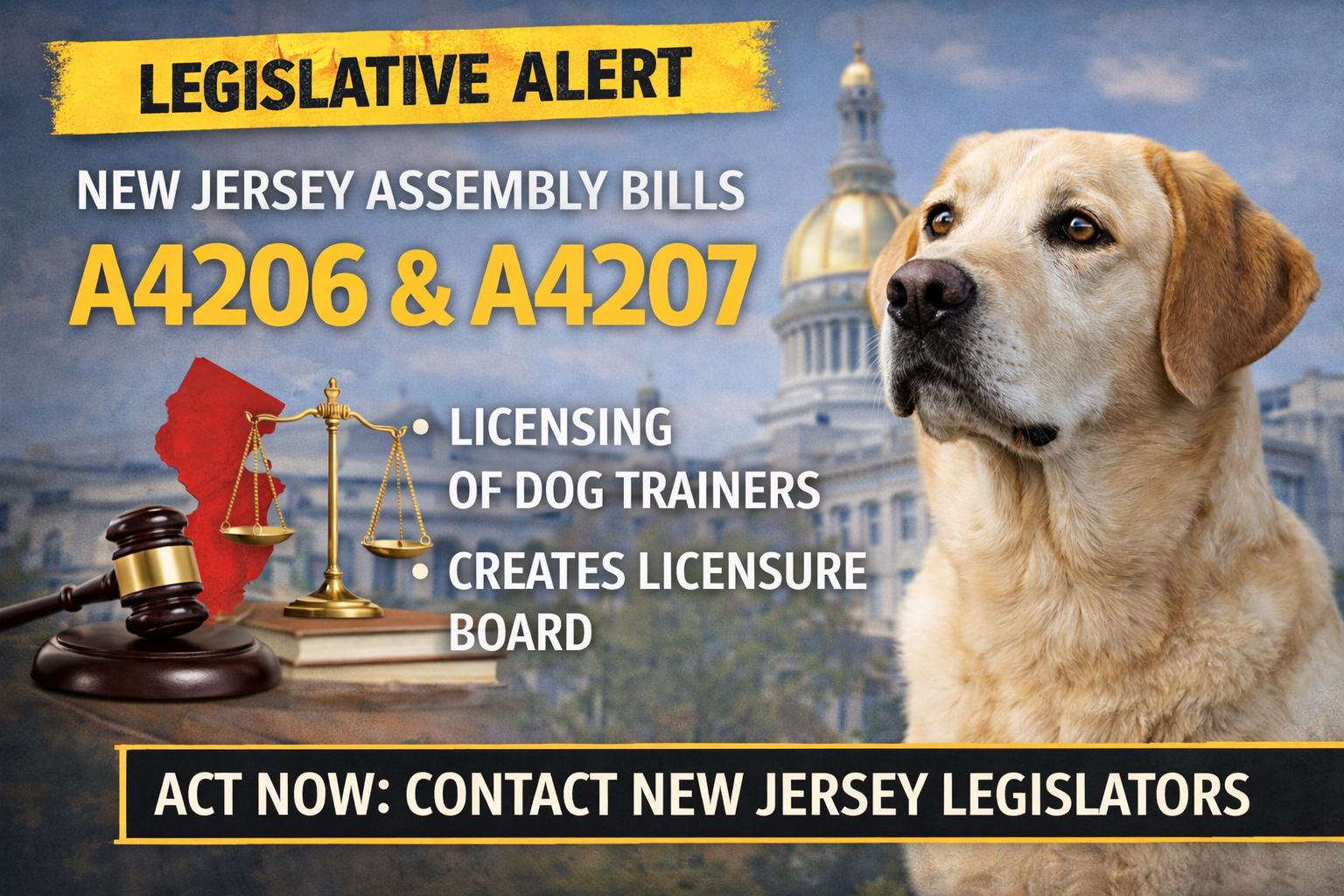 You are currently viewing Legislative Alert: New Jersey Assembly Bills A4206 & A4207          Dog Trainer Licensure Legislation